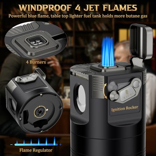 XIFEI 8-in-1 Desktop Cigar Lighter Kit, 4 Jet Flame Torch Lighter with V Cutter Guillotine, Punch, Holder, 3 Draw Enhancer Tools, 3 Ashtrays, Cigar Accessories for Home, Office, Bar & Gifts (Black) - color: Black