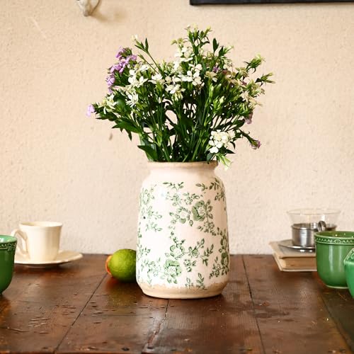 Ronasip Vintage Blue and White Chinoiserie Ceramic Vase, 6.9” Hand-Painted Peony Floral Design, Antique Style Vases for Home Decor, Centerpieces, Living Room, Balcony (Green and White) - color: Green and White