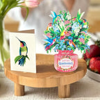 Freshcut Paper Pop Up Cards, Mini Hummingbird Oasis, 6 Inch Life Sized Forever Flower Bouquet 3D Popup Greeting Card, Birthday Cards, Thank You Card, Blank Notecard & Envelope - color: Hummingbird Oasis, size: Mini