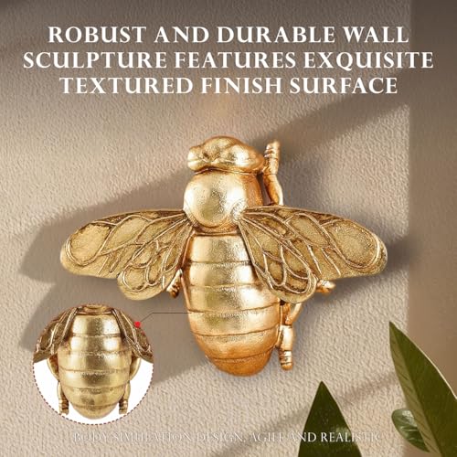 Gold Honey Bee Wall Arts Decor Insect Animal Wall Sculpture Resin Honeybee Home Hanging Decoration for Living Room Bedroom Bathroom Dining Room Kitchen Housewarming Gifts Indoor Outdoor Décor