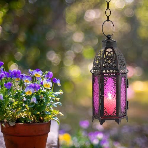DECORKEY Halloween Lanterns Decorations Indoor & Outdoor, 11’’ Medium Size Vintage Metal Hanging&Tabletop Candle Holder Decor, Christmas Ramadan Decorations for Home Porch Patio (Purple) - color: Purple - 11''h, size: Medium