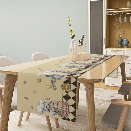 Cartoon Dwarf Chefs Table Runner Delicious Dessert Privacy Retro Lattice Beige Brown Table Runners Kitchen Dining Table for Home Party Decor 13x36in - color: Beige, size: 13x36in