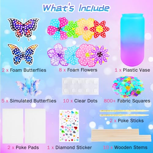FJBICODA Poke Art Flower Bouquet Craft Kit - Arts and Crafts for Girls Ages 5-12 - Make Your Own Bouquet with 8 Flowers 2 Butterflies & 1 Vase - DIY Activities Gifts for 5 6 7 8 9 10+ Year Old Kids