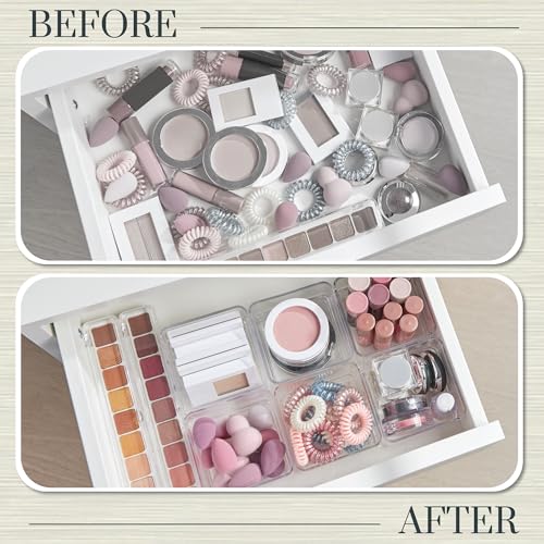 STORi SimpleSort 6-Piece Stackable Clear Drawer Organizer Set | 3" x 3" x 2" Square Trays | Small Makeup Vanity Storage Bins and Office Desk Drawer Dividers | Made in USA - size: 3x3x2" (Set of 6)