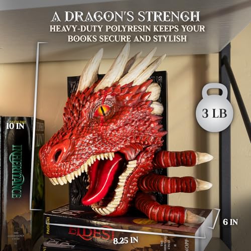 Dragon Bookend | Pops Off Your Shelf | Solid Build | Use Between Books or on a Bookshelf End or Book Nook | Fantasy Dragon Decor | Gothic Medieval Shelves Booknook Bookends (Crimson Red) - color: Crimson Red