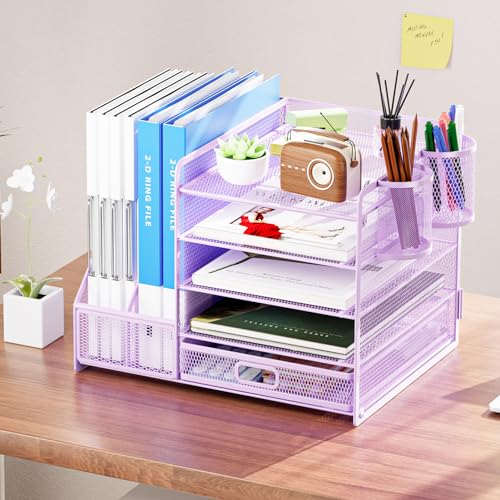 Marbrasse Desk Organizer with File Holder, 5-Tier Paper Letter Tray Organizer with Drawer and 2 Pen Holder, Mesh Desktop Organizer and Storage with Magazine Holder for Office Supplies(Purple) - color: Purple