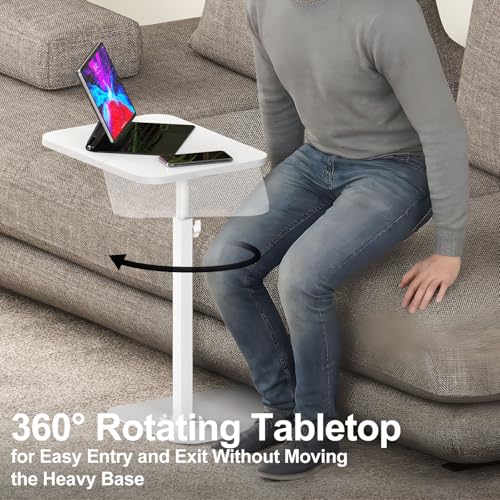 HzTinT Side Table Sofa Tray for Couch Heavy Metal Base Swivel/Adjustable Height, Sofa Bed Bathroom Study TV Tray C Shaped End Table Food Snack Trays for Eating - color: White, size: 11.8*15.7 in