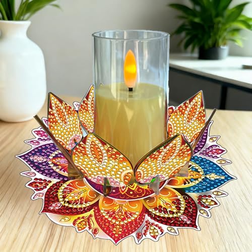 DIY Diamond Art Painting Candlestick Holders 5.71in Mandala Flower Shape Desk Candle Tray Tabletop Ornaments for Wedding Ramadan Party Home Table Centerpiece-Mandala08 - color: Mandala08