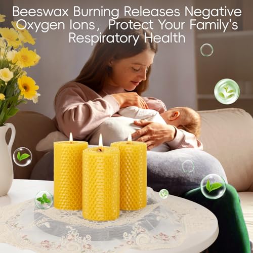 3 Pack Natural Beeswax Pillar Candles,Handmade Pure Beeswax Rolled Candle-60 Hours Long Burning,Honeycomb Bees Wax Candles for Home, Prayer,Dripless Smokeless Unscented Pillar Candle 2x4in - color: 2x4in, size: 3pcs