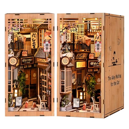 CRIOLPO Book Nook Kits for Adults - DIY Miniature Bookshelf Insert with LED Lights, Creative Craft Book Nook Kits for Adults, Cat Waiting Alley Japanese bookends Gifts for Family Friends Lovers