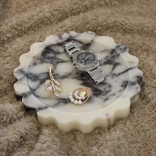 Natural Small Calacatta Viola Marble Tray 6.3", Round Scalloped Tray for Nightstand Dresser, Jewelry Tray for Women's Gift - color: Calacatta Viola