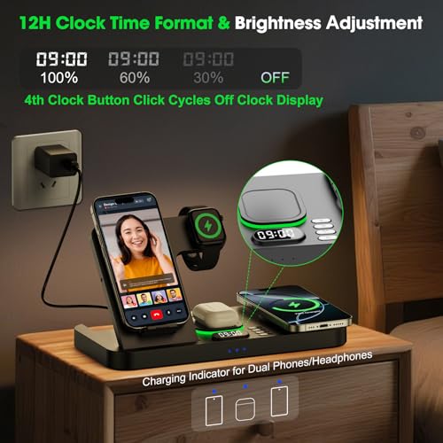 Dual Phone Wireless Charging Station for Apple Devices, Magnetic Charging Station for iPhone with Auto Switch 7-Color Light&Clock, Family Watch Charger for iPhone17 for iWatch11 for AirPods Pro3(Black - color: Black