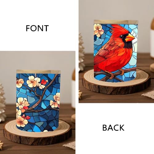Cardinal Stained Glass Tea Light Holder for Home Decoration, Pink Flower Tealight Candle Holders with Bamboo Lid, Cardinal Bird Votive Candle Jar Memorial Glass Candlesticks - 3.5"x2.8" - color: Cardinal