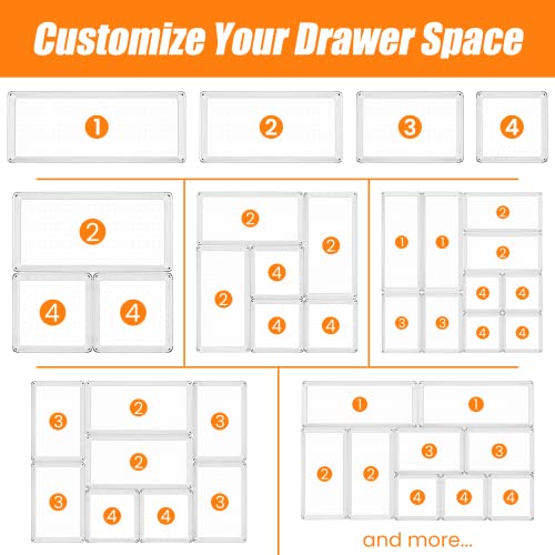 9 Pack Clear Plastic Drawer Organizer Set, Acrylic Non Slip Non Cracking Kitchen Drawer Storage Tray Large Size Divider, Multifunctional Storage for Cosmetics, Bathroom, Tools, Kitchen and Office - size: 9 PACK
