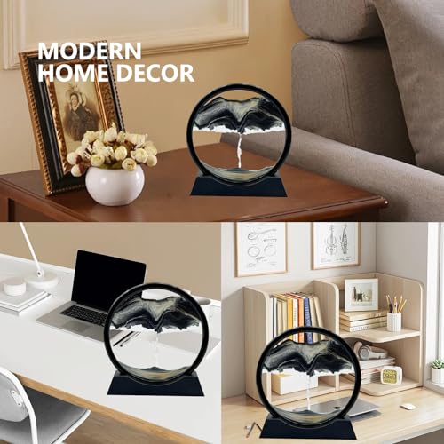 AzureLeap Moving Sand Art Liquid Motion, 3D Deep Sea Sandscape Color Quicksand Decor, Round Glass Moving Sand Art Picture Relaxing Desktop Home Office Work Decor (7 inch-Black) - color: BLACK, size: 7 inch
