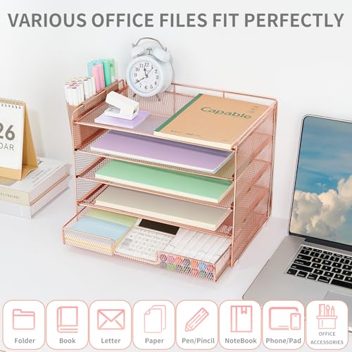 LEKETREE Desk Organizer and Accessories, 5-Tier Paper Letter Tray Organizer with Drawer & 2 Pen Holders for Desktop File Organization, Office Desk Accessories for Supplies Storage (Rose Gold) - color: Rose Gold, size: 12" x 8" x 10"