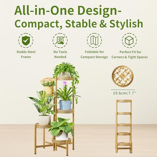 Gold Plant Stand Indoor Outdoor, Corner Metal Flower Pot Stands for Multiple Plants, 5 Tier Heavy Duty Plant Shelf for Patio Garden Balcony Living Room Bedroom - GoldWave - color: GoldWave, size: 5-Tiers