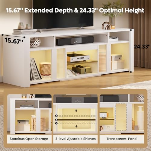 Bestier 80 Inch TV Stand for 85 Inch TVs, Modern Open Entertainment Center with LED Lights & Adjustable Shelves, Media Console for Gaming Setup and Home Theater (White)