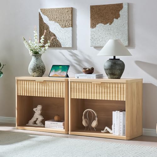 LEYAOYAO 31" Wide Fluted Nightstand with Charging Station, Oversized Extra Large 1 Drawer Night Stand with Golden Handle, Natural Wood Bedside Table Tall End Tables,for Bedroom, Living Room, Hallway - color: Natural, size: 1 Drawers