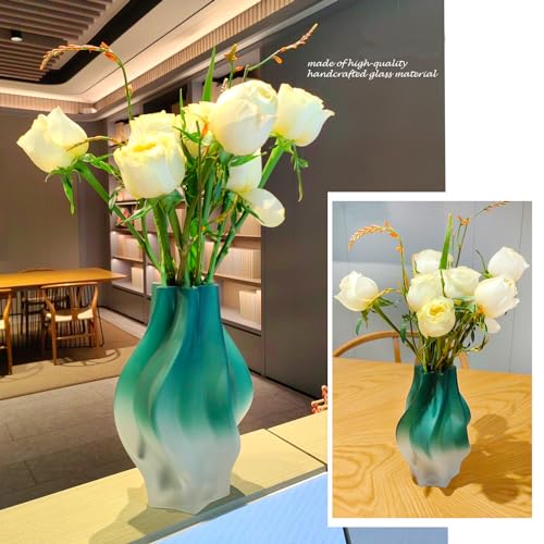 Green Gradient Hexagonal Glass Vase for Home Decor, Modern Flowers Vase with Wide Mouth, 9.65in, Ideal for Wedding, Living Room, Bedroom, Dinner Table - color: Green, size: 9.6in