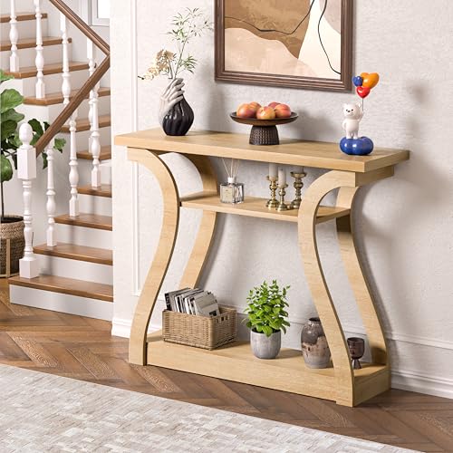 Wooden Console Table with Curved Legs and Shelf, 3-Tier Modern Accent Narrow Sofa Table for Entrance Area, Living Room, Hallway, 47 in Wide Wood Console Table for Entryway (Nature) - color: Nature