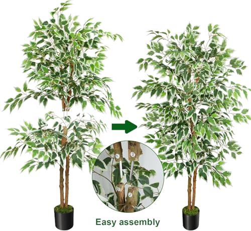 GTIDEA 2 Pcs 5ft Ficus Artificial Trees, Tall Faux Trees with Natural Trunk, Fake Silk Tree Artificial Plants for Home Decor Indoor Living Room Outdoor Balcony House Office (Included Dried Moss) - color: 5ft-2packs