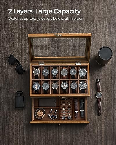 SONGMICS 12-Slot Watch Box, 2-Tier Watch Display Case with Large Glass Lid, Removable Watch Pillows, Velvet Lining, Jewelry Box, Gift Idea, Rustic Walnut UJOW012K01 - color: Rustic Walnut, size: 2 Layer 12 Slot