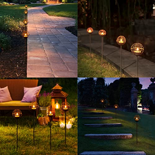 Solar Pathway Lights Outdoor, Rust Iron Ball Candle Holder Stake with Flickering Solar Powered Tea Lights, Perfect Decorative Garden Lighting for Yard Lawn Patio Landscape Decor Outside-4Pack - style: 4PK Stake Lights