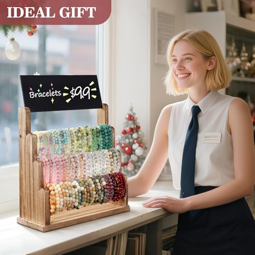 Emfogo Bracelet Holder with Advertising Board, 3 Tier Bracelet Organizer Stand Storage for Bracelets Bangles Watch Scrunchies, Rustic Wood Jewelry Display for Vendors, Craft Shows (Rustic Brown) - color: Rustic Brown