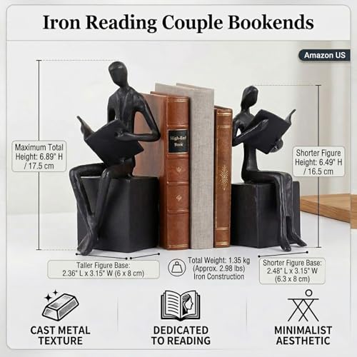Black Reading Couple Cast Iron Bookshelf Decor Bookends Set of 2, Bookend for Office Desk, Living Room, Bedroom, Home Decorative Book Lovers Gifts