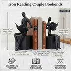Black Reading Couple Cast Iron Bookshelf Decor Bookends Set of 2, Bookend for Office Desk, Living Room, Bedroom, Home Decorative Book Lovers Gifts