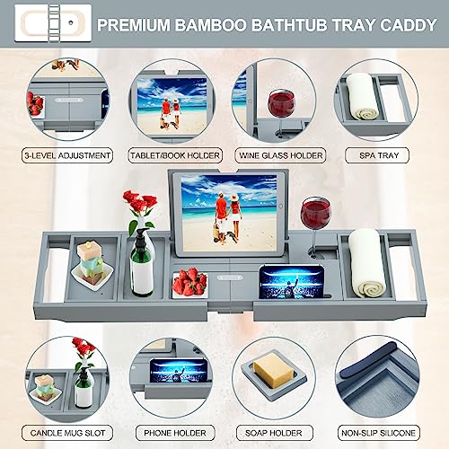 Premium Bathtub Caddy Tray - Bath Tray - Bath Tub Tray Table for Bathtub - Bath Caddy Tray for Bathtub, Expandable Size, Fits Most Bath Tubs - Grey - color: Gray