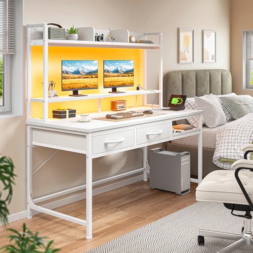 DurayLoly 39.4" Computer Desk with Storage Rack & Monitor Stand, Gaming Desk with LED&Power Outlet, Computer Desk with Hutch &2Drawers,Modern Study Writing Desk for Bedroom Home Office,White - color: White, size: 18.9"D x 39.4"W x 61.1"H