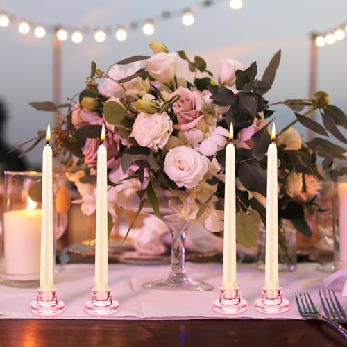 12 PCS Glass Taper Candle Holders Bulk Pink Candlestick Holders Clear Short Tapered Candle Stick Holder Decor Set for Table Centerpiece Wedding Party Advent Christmas Home Decorations - color: Pink