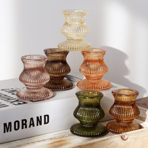 WDHODEC Glass Candlestick Holders 12PCS Taper Candle Holders for Table Centerpiece Vintage Colorful Candle Sticks for Wedding, Party and Birthday Table Decoration(Brown) - color: Brown & Amber