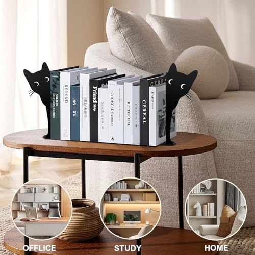 Peeping Cat Bookends,Metal Book Ends for Heavy Books for Shelves Decorative,Bookshelf Decor Home Office Desk for Cat Lover Gifts (Black Cat) - color: Black Cat