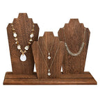 MOOCA Portable Lightweight Multiple Wooden Necklace Display Stand with 2-Row Holder, 3 Removable Displays, and Pegs on the Back, Brown Color