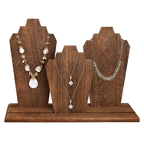 MOOCA Portable Lightweight Multiple Wooden Necklace Display Stand with 2-Row Holder, 3 Removable Displays, and Pegs on the Back, Brown Color