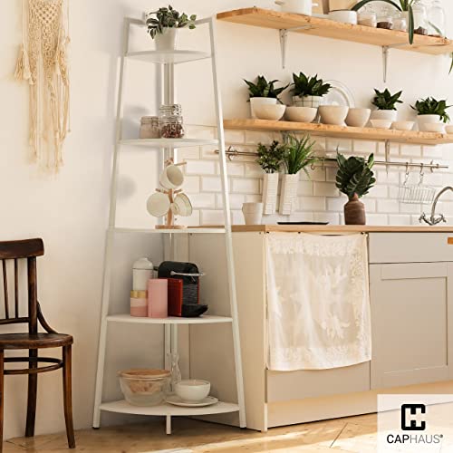 CAPHAUS Tall Corner Shelf Stand, 5-Tier Display Shelves, Ladder Corner Wood Storage Plant Bookshelf with Metal Frame, Versatile Shelving Unit Bookcase for Home Office Space, White - color: White, size: 5-Tier