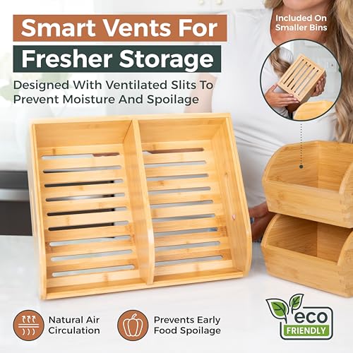 Potato and Onion Storage Bin – Stackable Ventilated Bamboo Storage System for Kitchen Counter or Pantry – Multi-Level Produce Organizer for Garlic, Fruits & Vegetables
