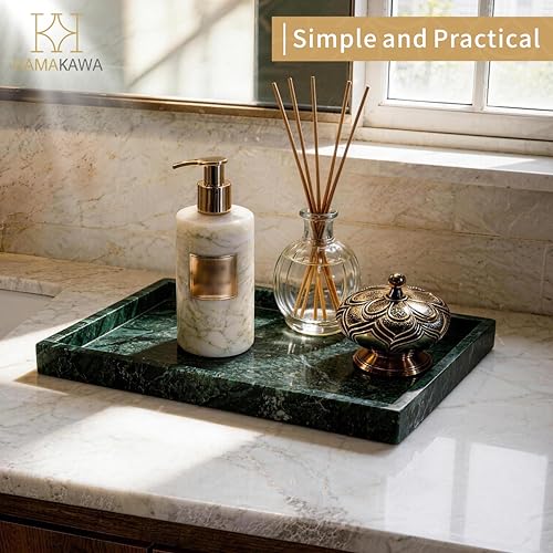 Large Bathroom Vanity Tray, Real Natural Marble Tray 12 inch, Emerald Green Marble Stone Toilet Tank Trays, Modern Dresser Trays, Countertop Organizer for Kitchen Counter, Soap Dispenser - color: Emerald Green 12-in Rect