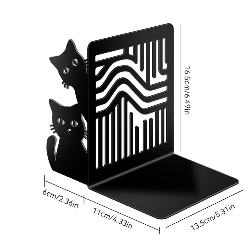 Peeking Cat Metal Bookends - Cute Book Ends for Heavy Novels Books, Geometric Pattern Book Holders for Shelves, Black Matte Decorative Cat Bookends for Office, Home, Library & Nursery - color: Type-5
