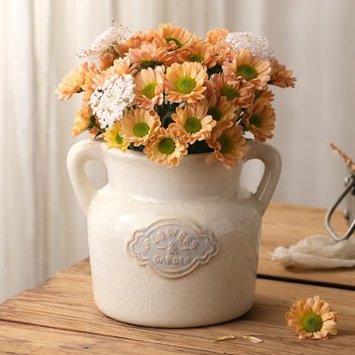 Rustic White Ceramic Vase, 5.8 Inch Vintage Flower Vases with Handle, Farmhouse Distressed Decorative Vases for Home Decor, Wide Mouth Vase for Living Room Bedroom Table Shelf Decorations - color: White
