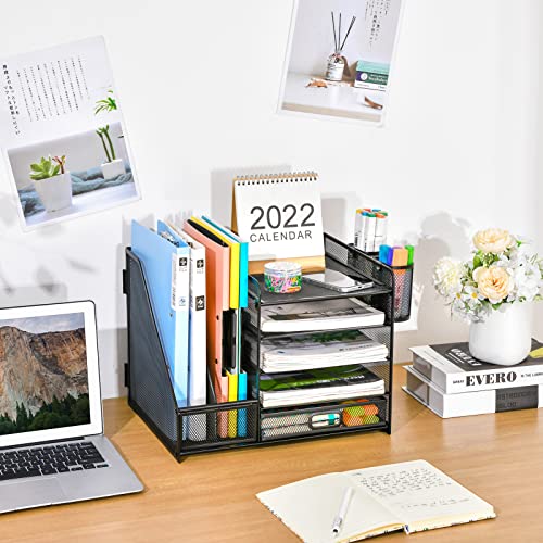 Marbrasse Desk Organizer with File Holder, 5-Tier Paper Letter Tray Organizer with Drawer and 2 Pen Holder, Mesh Desktop Organizer and Storage with Magazine Holder for Office Supplies(Black) - color: Black