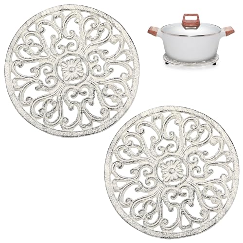 Sumnacon 2Pcs Round Cast Iron Trivets - 6.7 Inch Heat Resistant Iron Trivets for Hot Dish Pot Pan Plate Teapot, Rustic Cast Iron Hot Dish Plate Holder for Kitchen Dining Table Countertop Cooktop,White - color: White, size: 6.7x6.7x1.2 Inch