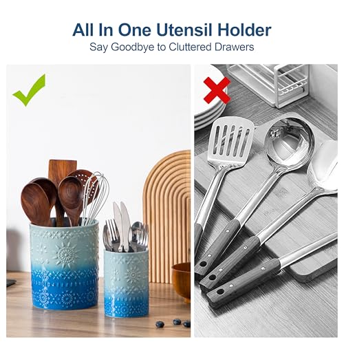 LOVECASA Utensil Holder, 7.2"+5.4" Ceramic Utensil Holder for Countertop, Large Cooking Utensil Crocks for Kitchen Counter, Farmhouse Utensil Vase for Housewarming, Kitchen Decor, Set of 2, Oceans - color: Oceans, size: 7.2"+5.4" (Set of 2)