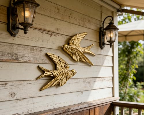 AMOIENSIS Bird Wall Sculpture Art, (Set of 2) 4¾ inch Resin Gold Bird 3D Sculpted Floating Hanging Wall Sculpture Decoration - color: Gold