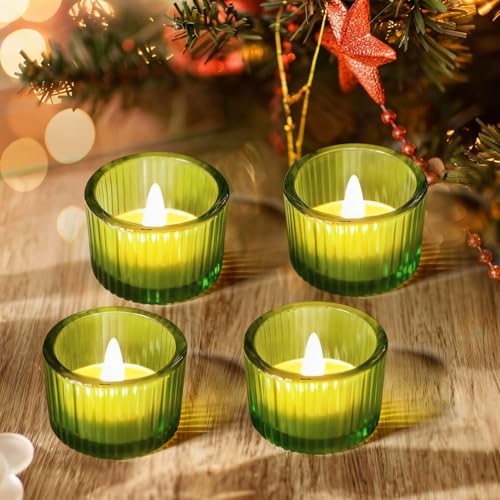 JOYIT Green Votive Candle Holders Bulk Set of 4, Tealight Candle Holder for Wedding Table Centerpiece, Glass Small Candle Holders for Birthday Party, Valentine's Day, Home Decor (2''X 1.4'') - color: Green
