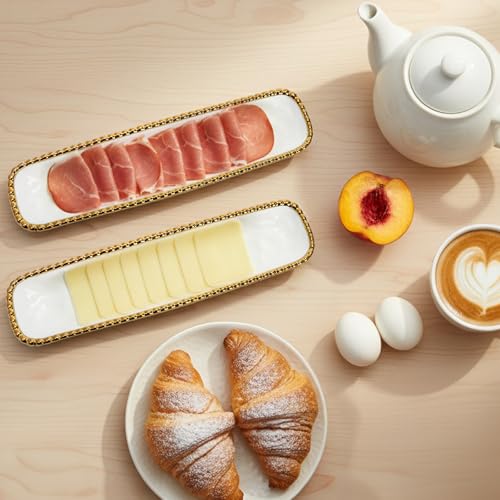 SOUJOY 2 Pack Porcelain Cracker Tray with Gold Pearl Edge, 14 Inch Rectangular Charcuterie Serving Platters, Dishwasher Safe Ceramic Cookie Plates for Cheese Ham Fruit, Perfect for Display Foods