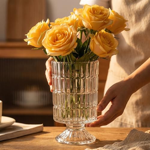 Goaste 3 Pack Embossed Big Base Vase, 7" Crystal Glass Vase, Hydroponic Green Plant Vases, Transparent Flower Vases with Ribbed Pattern for Wedding, Dining Table Centerpieces, Home Decor, Office